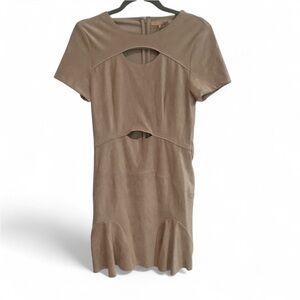 NEW FRIENDS COLONY TAN FAUX SUEDE CUT OUT RUFFLE SHORT SLEEVE MINI DRESS SMALL